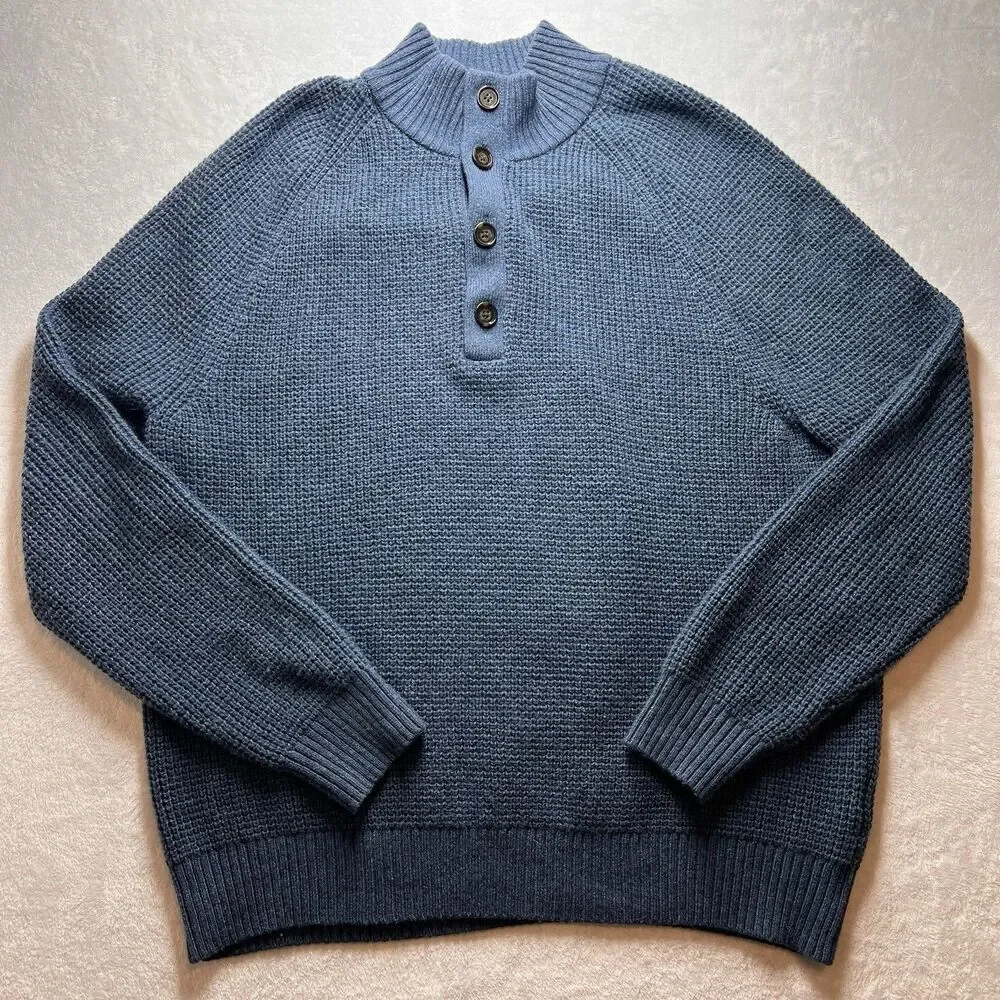Banana Republic Italian Yarn Sweater Wool Cable Knit Henley Blue Mens XL